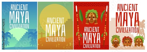 Set of vector banners with traditional symbols of ancient maya civilization.