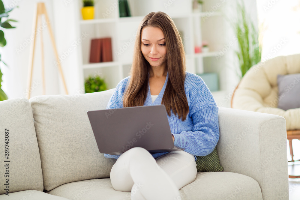 Portrait of attractive focused girl sitting on divan using laptop browsing web writing letter in light flat house apartment indoor Portrait of attractive focused girl sitting on divan using laptop browsing web writing letter in light flat house apartment indoor