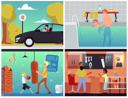 Set of flat vector illustrations with father and son spending time together.
