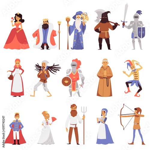 Set of noble and citizens of medieval town, flat vector illustration isolated.