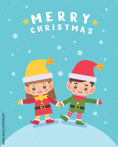 Cute Christmas elves holding hands on snow scene background. Flat vector cartoon illustration with Merry Christmas text.