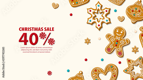 Christmas horizontal sale banner template with gingerbread and candy canes. Vector illustration