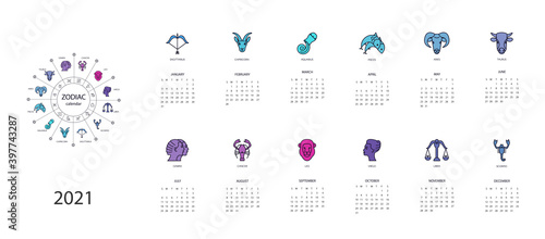 Calendar 2021 with horoscope signs zodiac symbols set