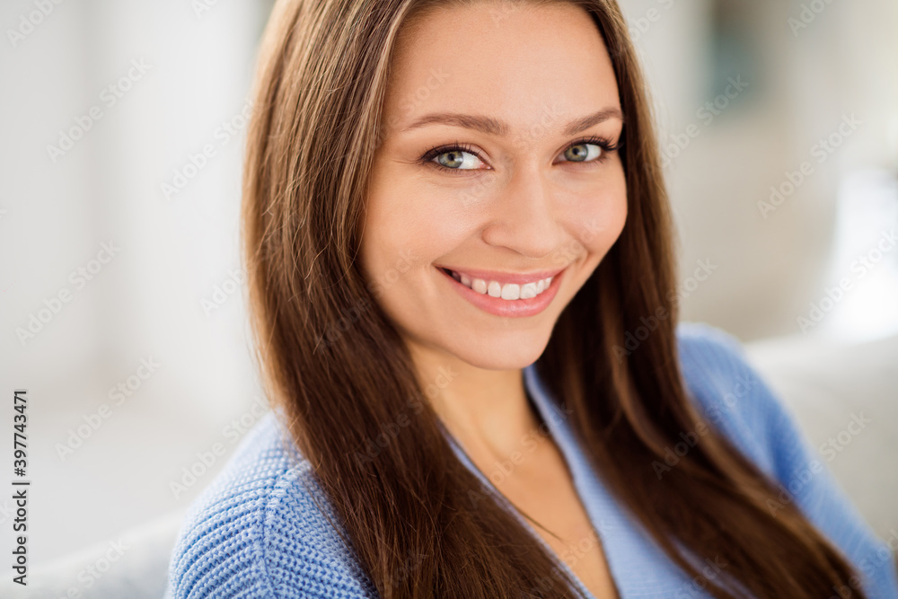 Cropped close-up view portrait of attractive cheerful girl smiling in light flat house apartment indoor Cropped close-up view portrait of attractive cheerful girl smiling in light flat house apartment indoor