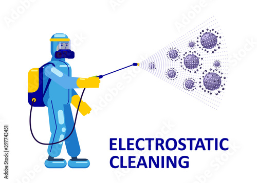 Electrostatic Disinfection Cleaning service. Man dressed in uniform in a special suit with equipment with electrostatic spray conducts disinfection. Vector illustration in a flat style