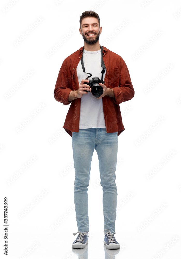 photography, profession and people and concept - happy smiling man or photographer with digital camera over white background photography, profession and people and concept - happy smiling man or photographer with digital camera over white background