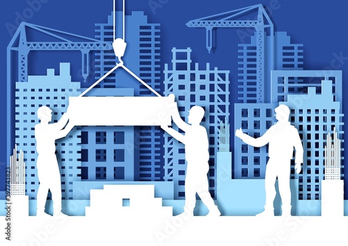 Paper cut craft style construction site with tower cranes, builder workers silhouettes, vector illustration. Building development. Construction industry.