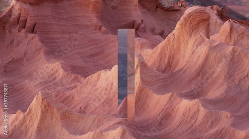 Monolith mystery in desert, 3d rendered photo