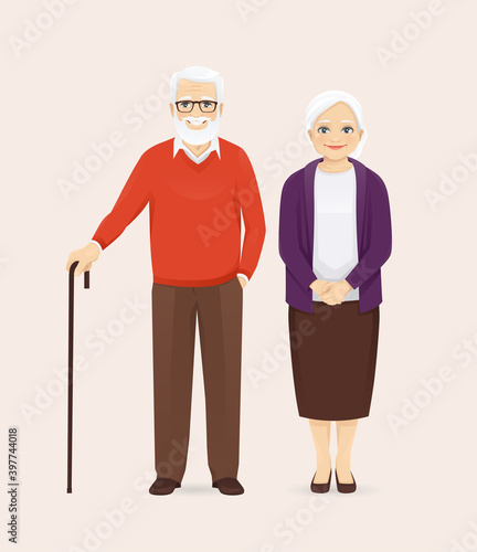 Mature senior couple in casual outfit standing. Old man and woman, grandparents isolated vector illustration.
