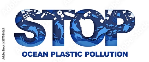 Stop ocean plastic pollution typography banner template, vector illustration. Paper cut style underwater world, marine animals, plastic trash inside the letters. Ocean environmental problem, ecology.