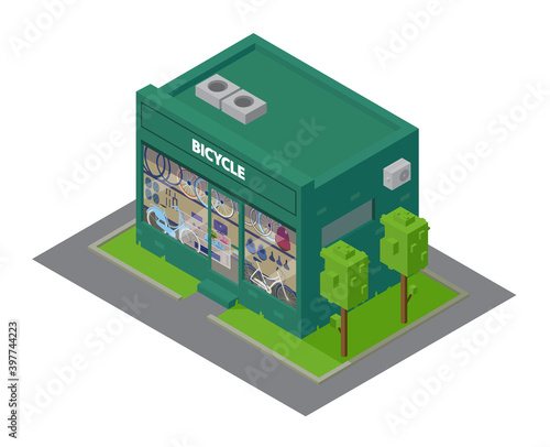 Vector Isometric Bicycle Shop Building With Showcase With Bicycles And Sport Accessories. 