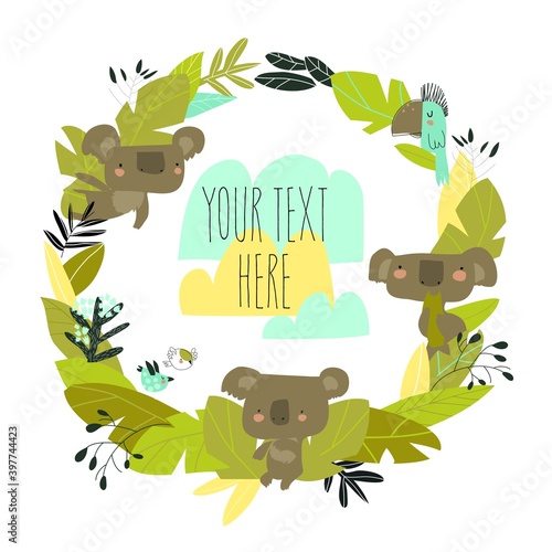 Photography Cartoon wreath with koalas and plants on white background