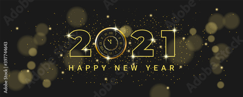 Happy New Year 2021. Luxurious New Year Celebration banner with vintage golden glowing clock. Holiday vector illustration golden metallic numbers 2021 and sparkling glitters on black background