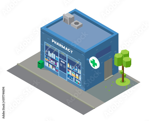 Vector Isometric Pharmacy Building With Showcase With Drugs And Cosmetics. Isometric City Building.