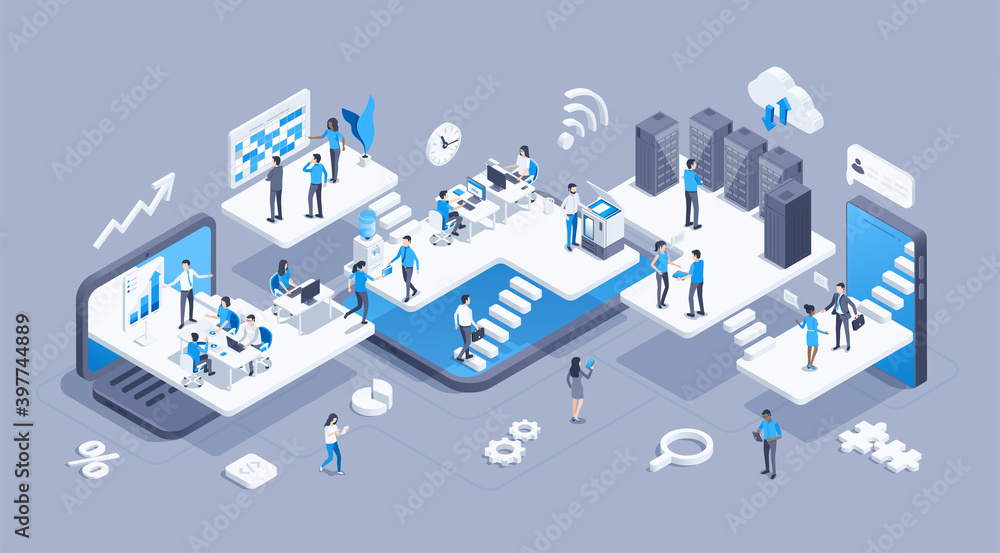 isometric vector illustration on gray background, virtual office with working people, teamwork and creative idea