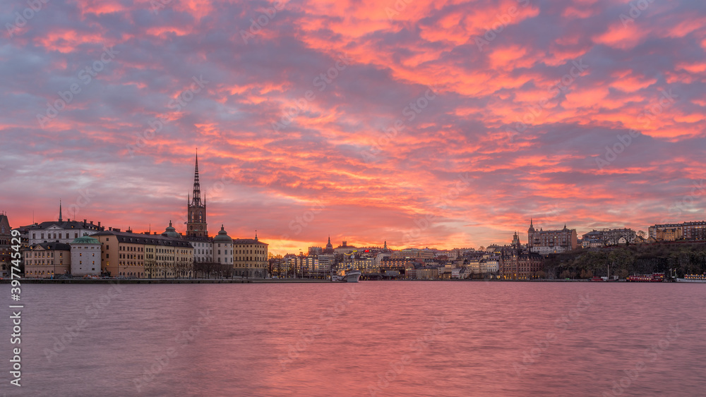 Sunrise landscapes with amazing morning glow in Stockholm in winter, view from Stockholms Stadshus (city hall)