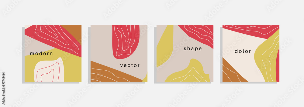 Vector set of minimal backgrounds with abstract organic shapes, hand draw line and sample text. Contemporary collage. Minimal stylish cover for branding design.