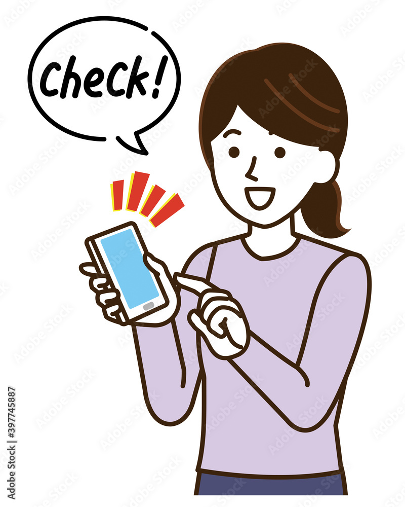 スマホを操作する女性　チェックをする　イラスト