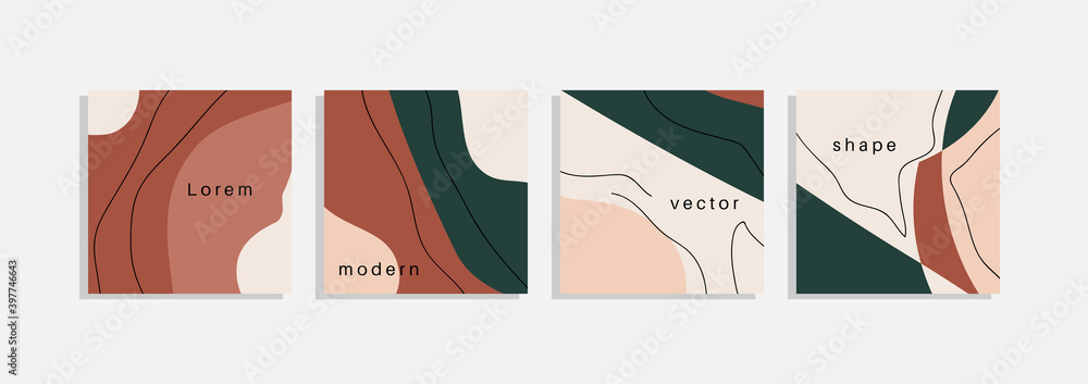 Vector set of minimal backgrounds with abstract organic shapes, hand draw line and sample text. Contemporary collage. Minimal stylish cover for branding design.