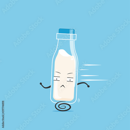 a bottle of white milk character running away isolated on cyan background. a bottle of white milk character emoticon illustration