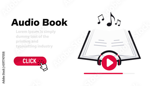 Audiobooks logo. Listen literature, e-books in audio format. Books online mobile application flat icon. Online audiobook with headphones, distance education e-learning. Podcast, Webinar, Tutorial