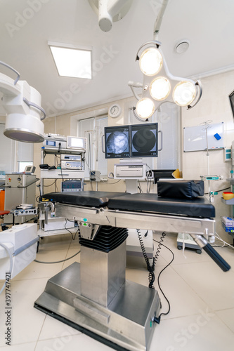 Fototapeta Naklejka Na Ścianę i Meble -  Modern equipment in operating room. Medical devices for neurosurgery. Background. Operating theatre. Selective focus.
