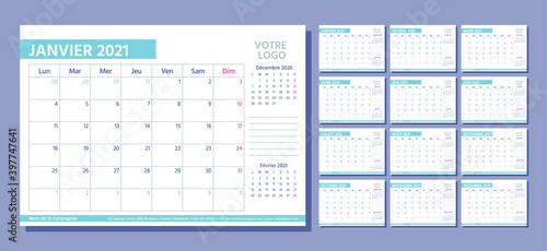 2021 French planner. Calendar template. Vector. Week starts Monday. Calender layout with 12 month.Table schedule grid. Yearly stationery organizer. Simple illustration. Horizontal monthly diary