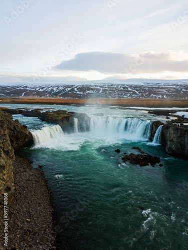 A sunset landscape of Godafoss Waterfall in Iceland