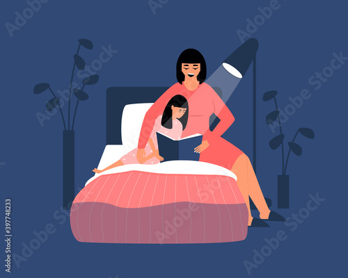 Mom reads a bedtime story to her daughter. Repetition of lessons before bedtime. Family leisure in the evening. Flat vector illustration.