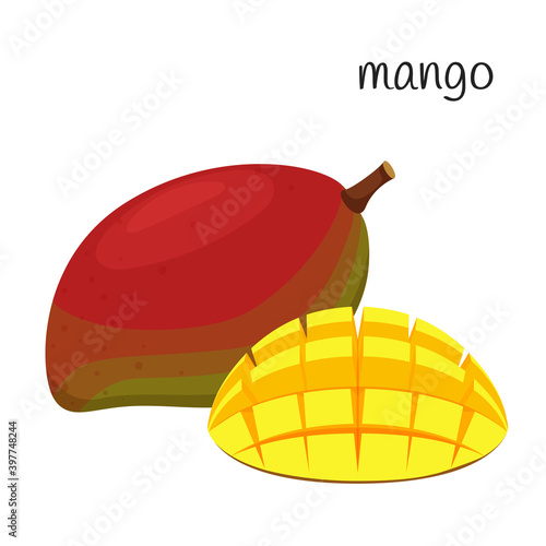 The mango is whole, and the half is nicely diced and turned out. Tropical, exotic fruit icon. Flat design. Color vector illustration isolated on a white background