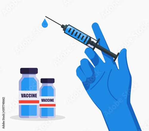 Vaccine Vial or Bottle and Hand in Medical Blue Glove Holding Injection Syringe with Droplet for Coronavirus Covid-19 or Other Disease Vaccination Immunization Flat Design Style Cartoon Illustration