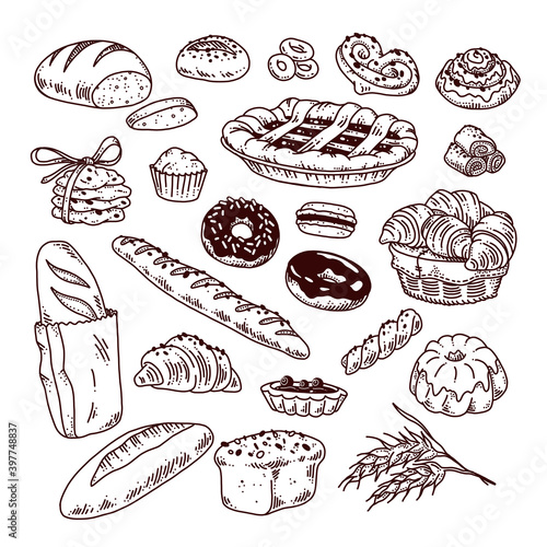 Collection of hand drawn baked goods outline bread, cookies, donuts, cupcakes, buns objects isolated on white background. Freehand drawing, doodle style. Vector illustration.