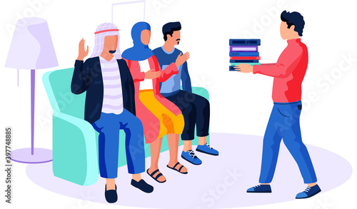 People of arab nationality give an interviews. Man is holding a stack of folders. Man and woman are broadcasting in recording studio. Guy raises his hand to answer. Man with documents go to clients