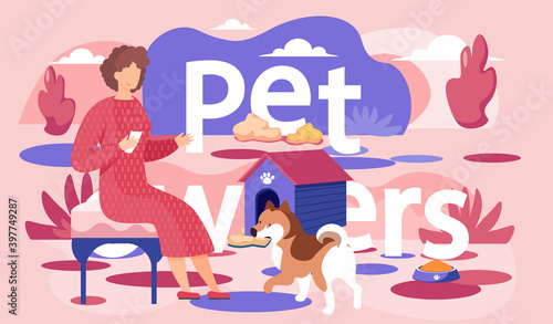 A woman in a red dress sitting on a bench looking at spotted dog. Female in the park is resting with a pet summer day. Romantic woman dreaming with a doggy, vector illustration in pink color