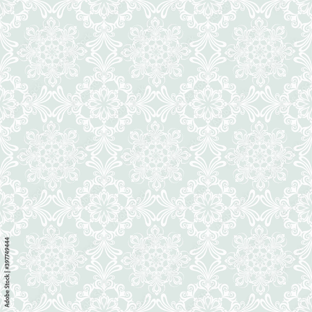 Seamless grey background with white pattern in baroque style. Vector retro illustration. Ideal for printing on fabric or paper for wallpapers, textile, wrapping.