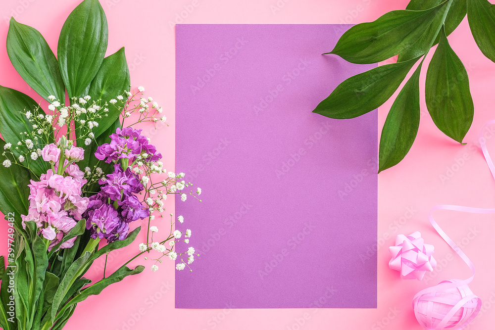 Bouquet flowers on pink purple background. Greeting card Flat Lay Copy space Concept Hello spring, Mother's day, Womens day, Good day Template for text and design