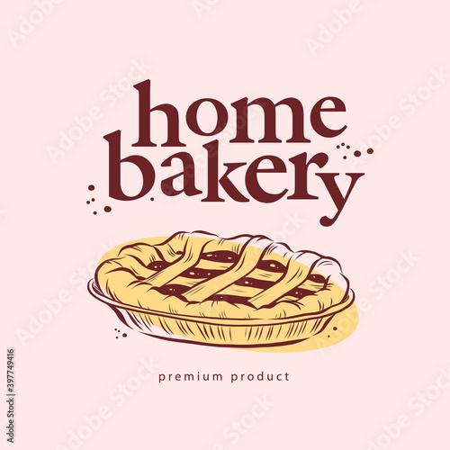 Home bakery logo design with hand drawn sweet pie illustration. Vector doodle style. For cafe brand emblem.
