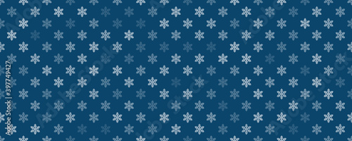snowflakes seamless pattern, white transparent flakes of snow on classic blue background, minimal design style, stock vector illustration clip art backdrop for social media header, banner, link