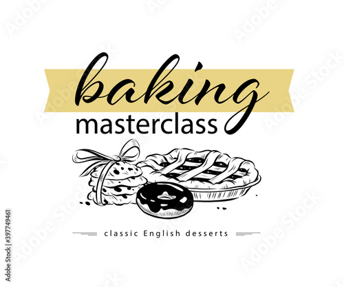 Baking masterclass emblem design with hand drawn pie, donut and cookies illustration. Vector doodle style. For cafe brand emblem.