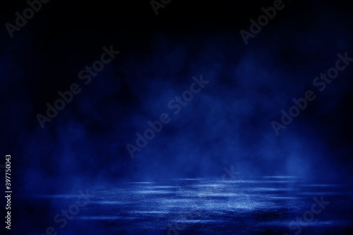 Empty space of Concrete floor grunge texture background with fog or mist and blue lighting effect.