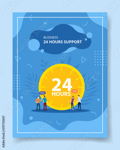 business 24 hour support people talking chat front big clock for template of banners, flyer, books cover, magazines