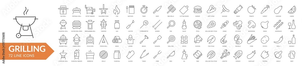 Grilling BBQ line icon set. Isolated signs on white background. Vector illustration. Collection Grilling BBQ line icon set. Isolated signs on white background. Vector illustration. Collection