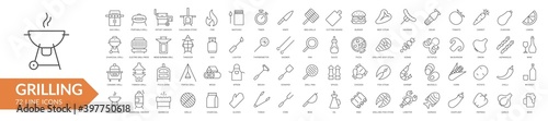 Grilling BBQ line icon set. Isolated signs on white background. Vector illustration. Collection