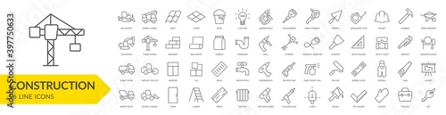 Construction line icon set. Construction vehicle, elements, tools. Vector illustration. Collection