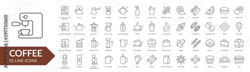 Coffee line icon set. Coffee makers, dishes, spices. Vector illustration. Collection