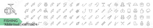 Fishing line icon set. Fish, takles, tools & other fishing products. Vector illustration. Collection