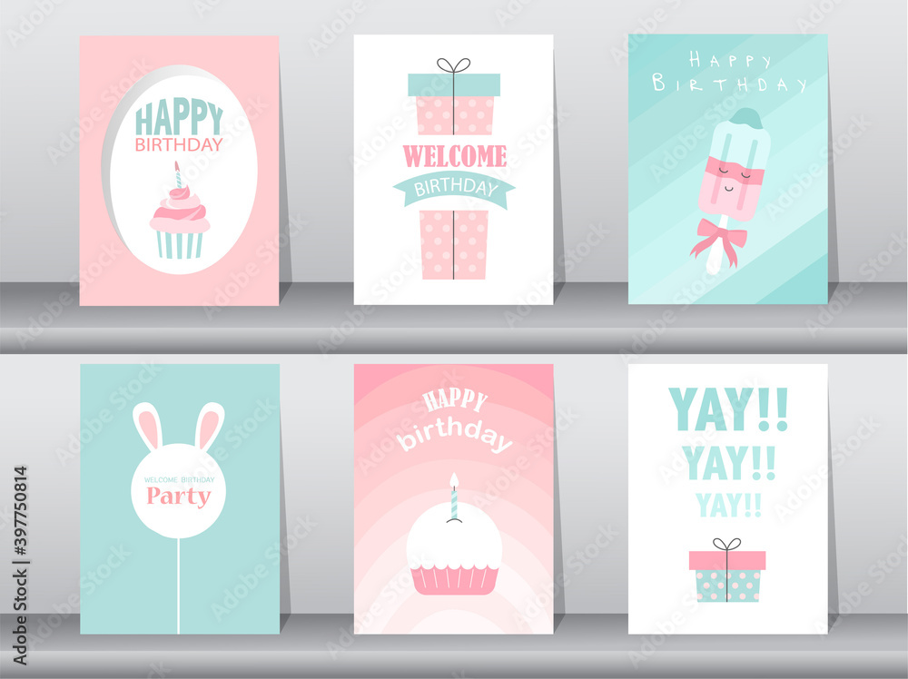 Plakat Set of cute birthday cards,poster,template,greeting card,cake,Vector illustrations