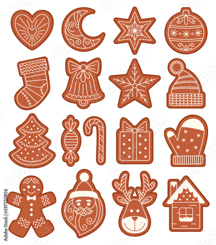 Christmas gingerbread cookies collection isolated on white background