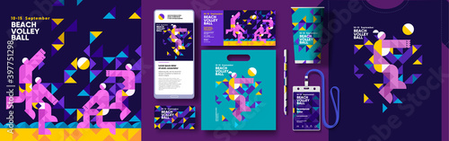 Set of vector illustrations. Illustration for a sporting event, beach volleyball, stylized people playing beach volleyball. Corporate identity, branding, mobile phone, package, postcard, I. D. badge.