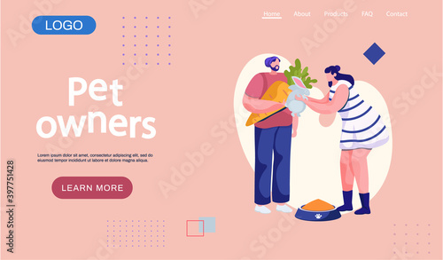 Couple owners holding white rabbit on hands landing page template. Happy girl playing with pet feeding him with fresh carrot. Man and woman are having leisure spend time with domestic animal cute hare